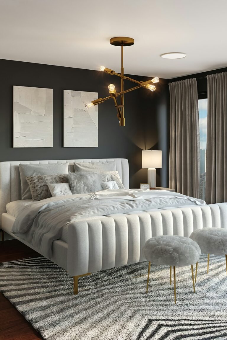 Calm neutral bedroom with layered natural bedding and rattan decor