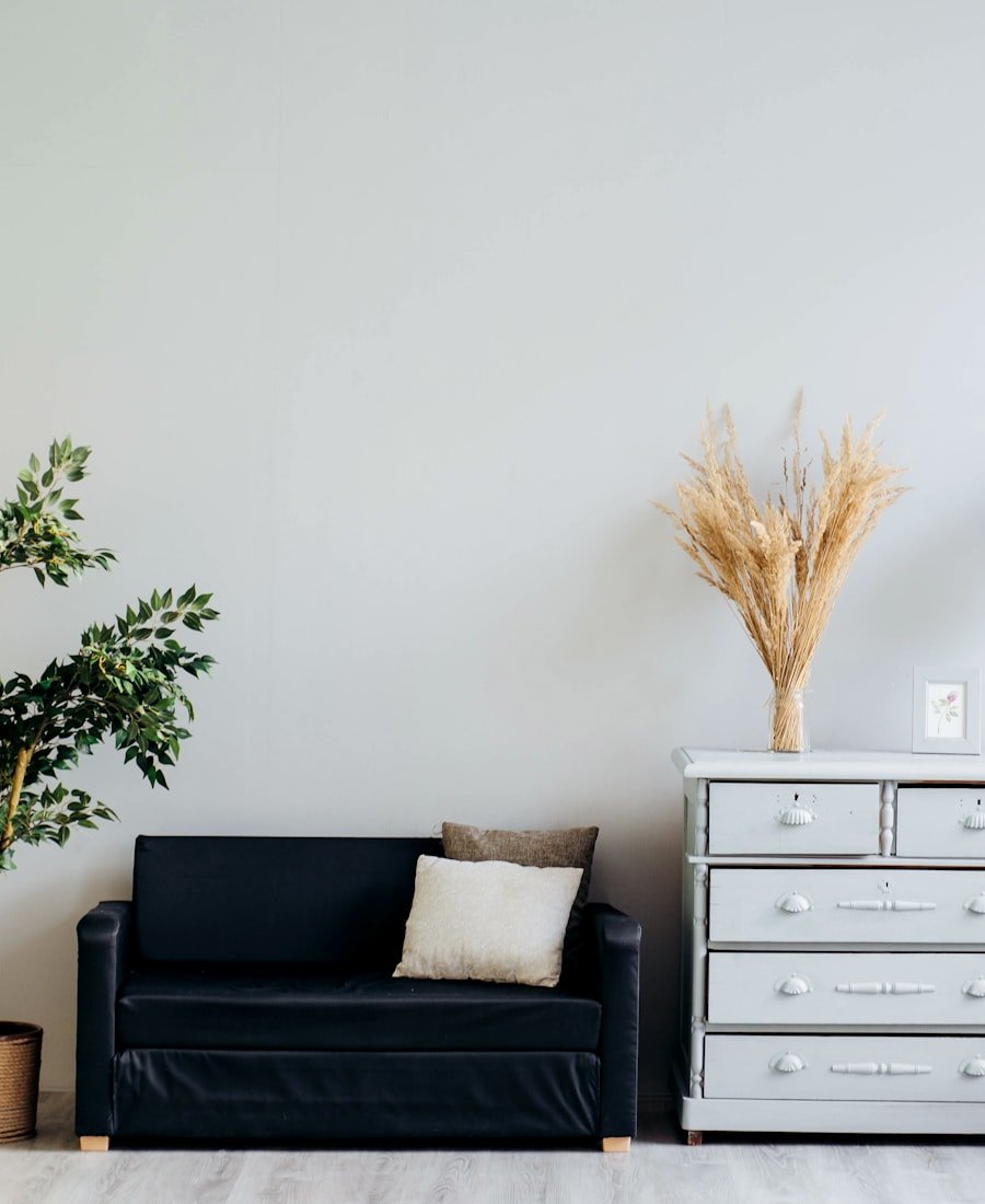 Bright small apartment living space, cleverly furnished